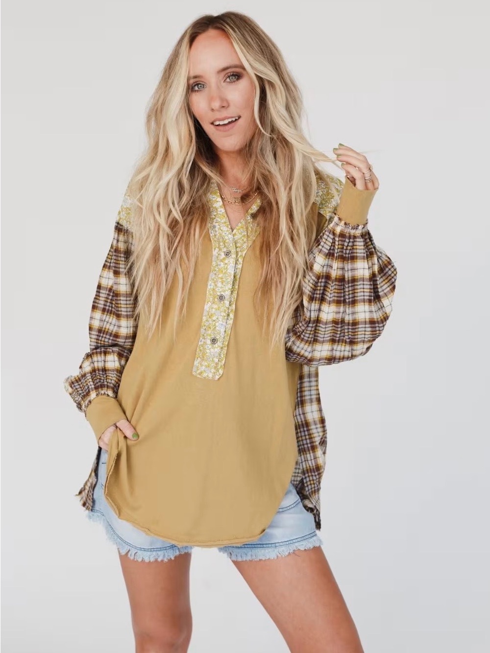 Three Bird Nest Mustard Body Plaid Balloon Sleeve Henley NWT Sz S Generous fit!